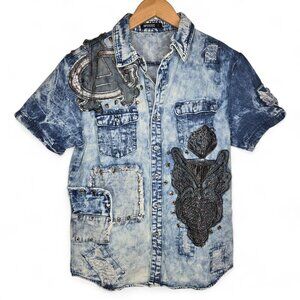 Imperious Y2K Pathed Denim Shirt Men's Metallic Owl Skull Crosses Studs Street S